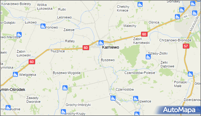 mapa Byszewo gmina Karniewo, Byszewo gmina Karniewo na mapie Targeo