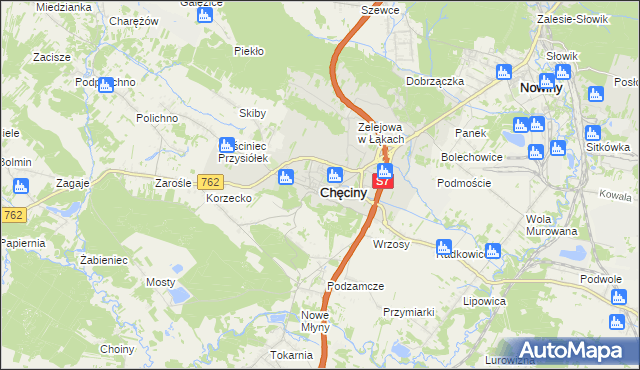 mapa Chęciny powiat kielecki, Chęciny powiat kielecki na mapie Targeo
