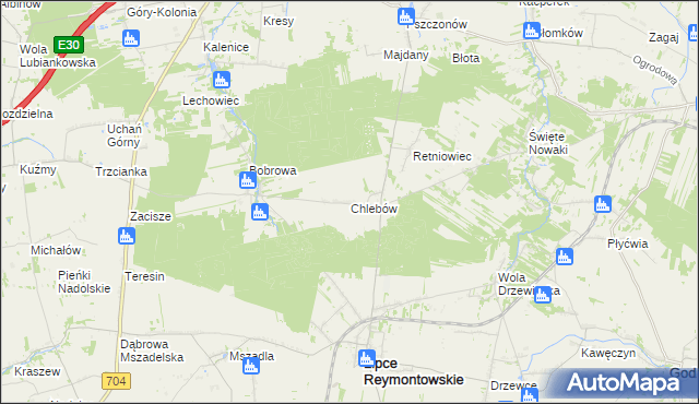 mapa Chlebów gmina Lipce Reymontowskie, Chlebów gmina Lipce Reymontowskie na mapie Targeo