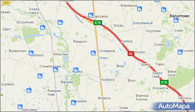 mapa Chojny gmina Lubień Kujawski, Chojny gmina Lubień Kujawski na mapie Targeo