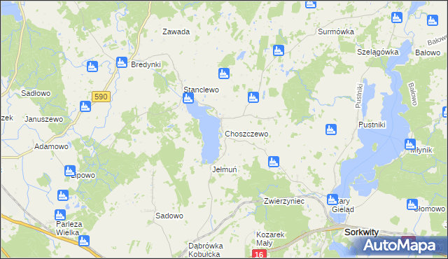 mapa Choszczewo gmina Sorkwity, Choszczewo gmina Sorkwity na mapie Targeo