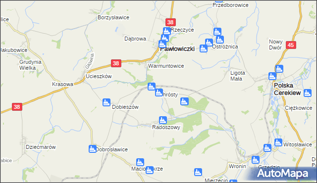 mapa Chrósty gmina Pawłowiczki, Chrósty gmina Pawłowiczki na mapie Targeo