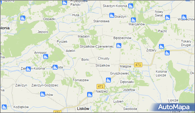 mapa Chrusty gmina Lisków, Chrusty gmina Lisków na mapie Targeo