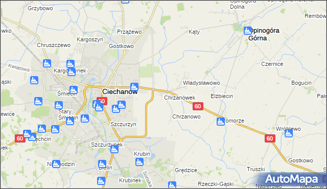 mapa Chrzanówek gmina Opinogóra Górna, Chrzanówek gmina Opinogóra Górna na mapie Targeo