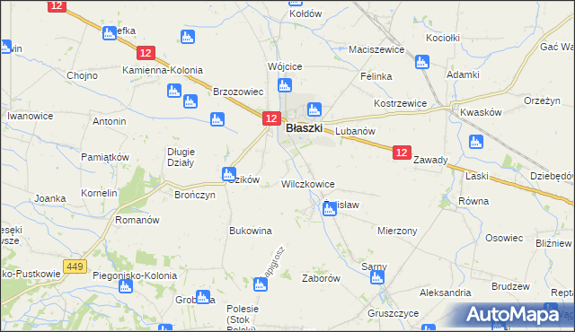 mapa Chrzanowice gmina Błaszki, Chrzanowice gmina Błaszki na mapie Targeo