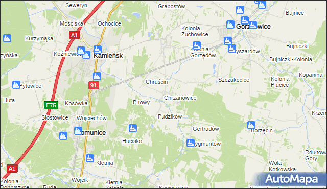 mapa Chrzanowice gmina Gomunice, Chrzanowice gmina Gomunice na mapie Targeo