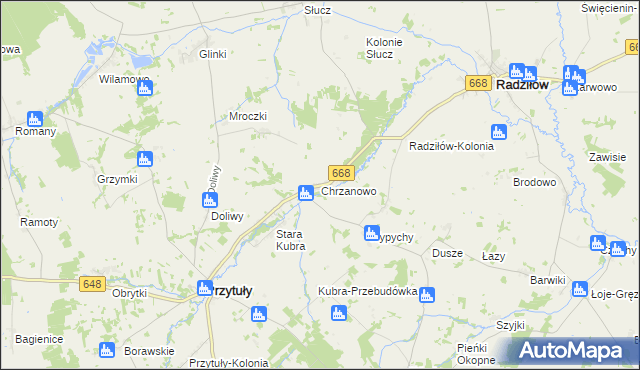 mapa Chrzanowo gmina Przytuły, Chrzanowo gmina Przytuły na mapie Targeo