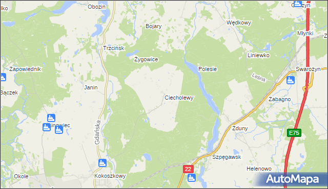 mapa Ciecholewy gmina Starogard Gdański, Ciecholewy gmina Starogard Gdański na mapie Targeo