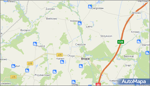 mapa Cieszyce gmina Brojce, Cieszyce gmina Brojce na mapie Targeo