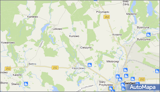 mapa Cieszyno gmina Świdwin, Cieszyno gmina Świdwin na mapie Targeo