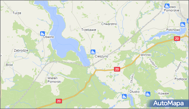 mapa Cieszyno gmina Węgorzyno, Cieszyno gmina Węgorzyno na mapie Targeo