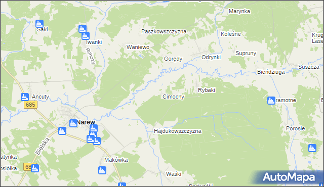 mapa Cimochy gmina Narew, Cimochy gmina Narew na mapie Targeo