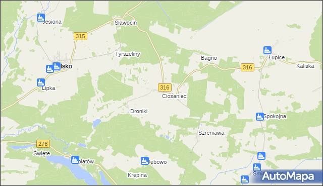 mapa Ciosaniec gmina Sława, Ciosaniec gmina Sława na mapie Targeo