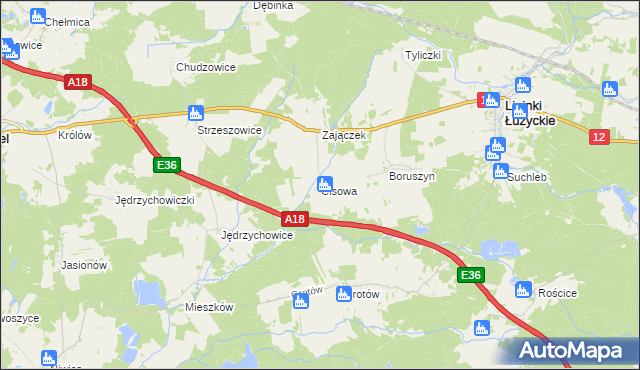 mapa Cisowa gmina Lipinki Łużyckie, Cisowa gmina Lipinki Łużyckie na mapie Targeo