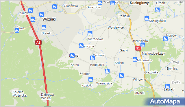 mapa Cynków gmina Koziegłowy, Cynków gmina Koziegłowy na mapie Targeo