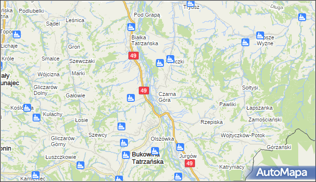 mapa Czarna Góra gmina Bukowina Tatrzańska, Czarna Góra gmina Bukowina Tatrzańska na mapie Targeo