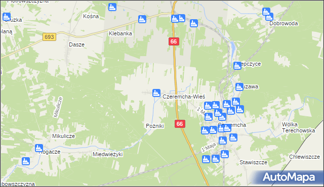 mapa Czeremcha-Wieś, Czeremcha-Wieś na mapie Targeo