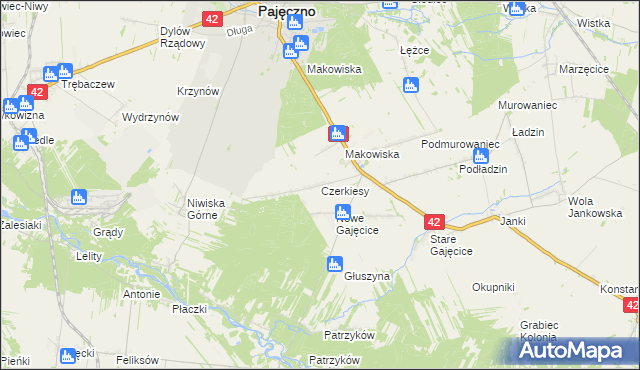 mapa Czerkiesy gmina Pajęczno, Czerkiesy gmina Pajęczno na mapie Targeo