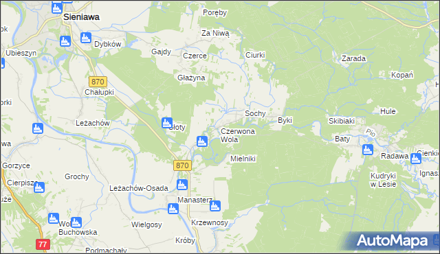 mapa Czerwona Wola gmina Sieniawa, Czerwona Wola gmina Sieniawa na mapie Targeo