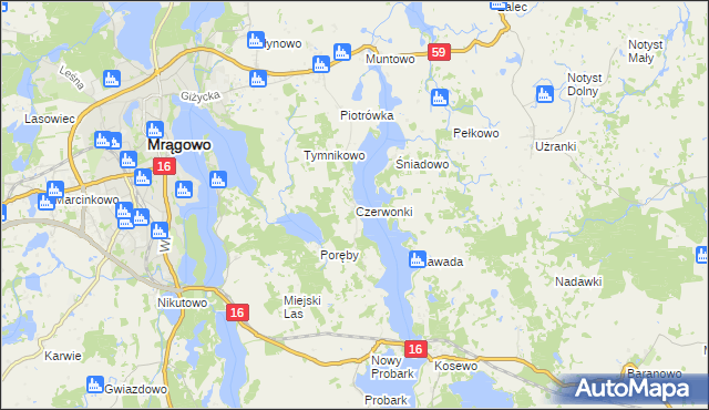 mapa Czerwonki gmina Mrągowo, Czerwonki gmina Mrągowo na mapie Targeo