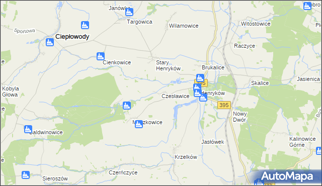 mapa Czesławice gmina Ciepłowody, Czesławice gmina Ciepłowody na mapie Targeo