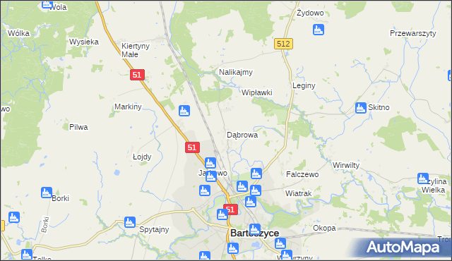 mapa Dąbrowa gmina Bartoszyce, Dąbrowa gmina Bartoszyce na mapie Targeo