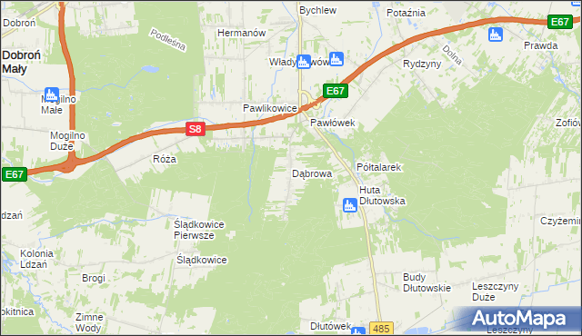 mapa Dąbrowa gmina Dłutów, Dąbrowa gmina Dłutów na mapie Targeo