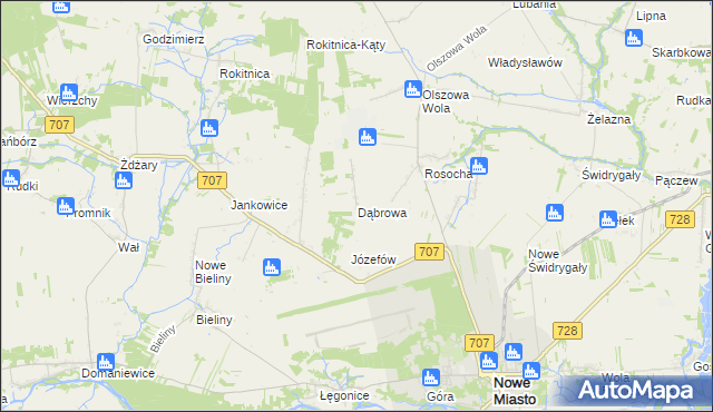 mapa Dąbrowa gmina Nowe Miasto nad Pilicą, Dąbrowa gmina Nowe Miasto nad Pilicą na mapie Targeo