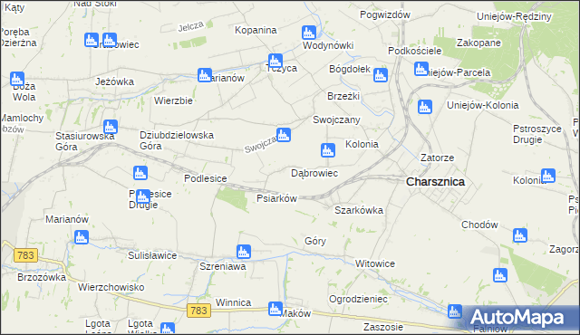 mapa Dąbrowiec gmina Charsznica, Dąbrowiec gmina Charsznica na mapie Targeo