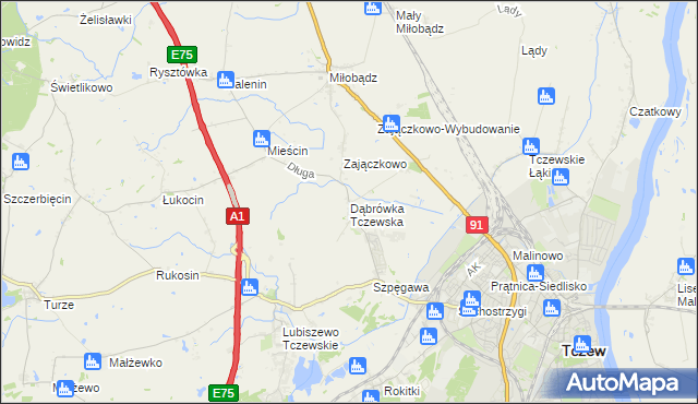 mapa Dąbrówka Tczewska, Dąbrówka Tczewska na mapie Targeo