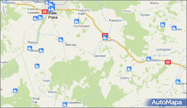mapa Danowo gmina Biała Piska, Danowo gmina Biała Piska na mapie Targeo