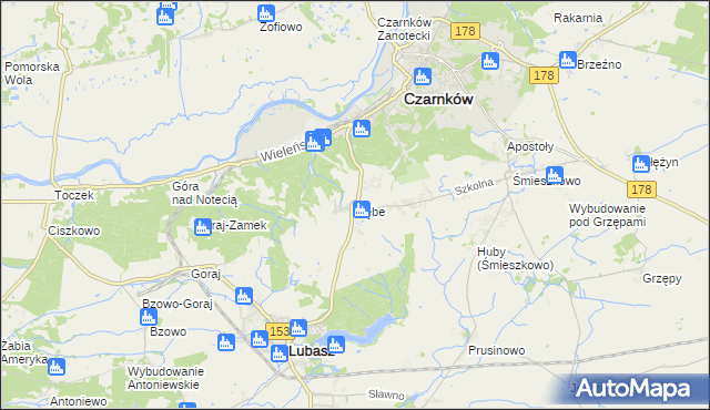 mapa Dębe gmina Lubasz, Dębe gmina Lubasz na mapie Targeo