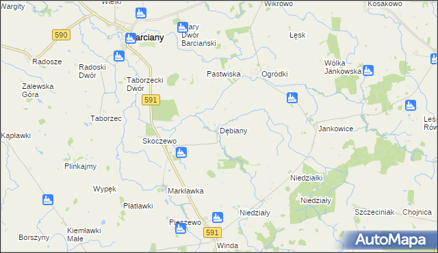 mapa Dębiany gmina Barciany, Dębiany gmina Barciany na mapie Targeo