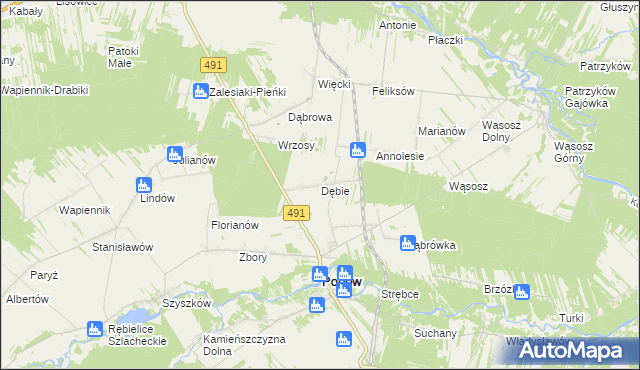 mapa Dębie gmina Popów, Dębie gmina Popów na mapie Targeo