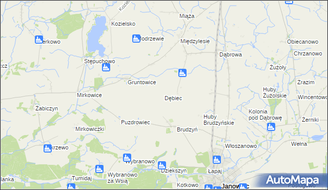 mapa Dębiec gmina Janowiec Wielkopolski, Dębiec gmina Janowiec Wielkopolski na mapie Targeo