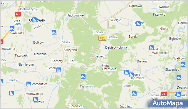 mapa Dębiec gmina Ostrówek, Dębiec gmina Ostrówek na mapie Targeo