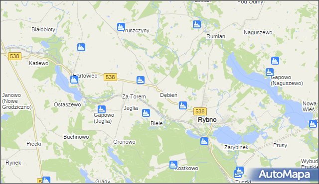 mapa Dębień gmina Rybno, Dębień gmina Rybno na mapie Targeo
