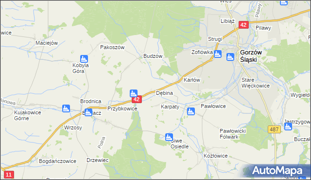 mapa Dębina gmina Gorzów Śląski, Dębina gmina Gorzów Śląski na mapie Targeo