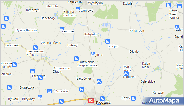 mapa Dębina gmina Kłodawa, Dębina gmina Kłodawa na mapie Targeo