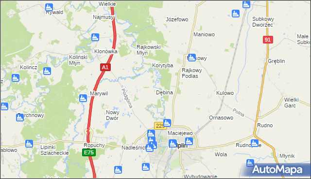 mapa Dębina gmina Pelplin, Dębina gmina Pelplin na mapie Targeo