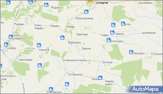 mapa Dębina gmina Uchanie, Dębina gmina Uchanie na mapie Targeo