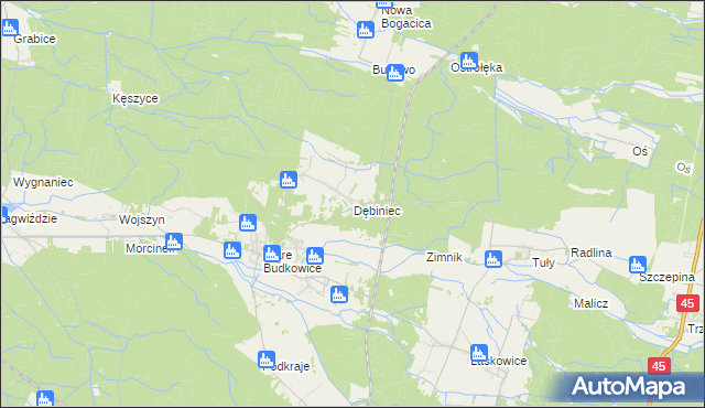 mapa Dębiniec gmina Murów, Dębiniec gmina Murów na mapie Targeo