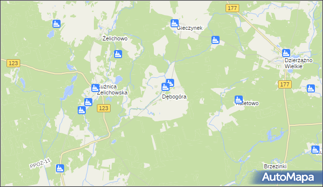 mapa Dębogóra gmina Wieleń, Dębogóra gmina Wieleń na mapie Targeo