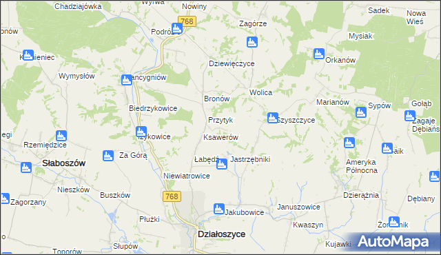 mapa Dębowiec gmina Działoszyce, Dębowiec gmina Działoszyce na mapie Targeo