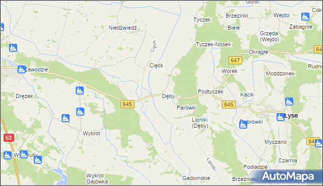 mapa Dęby gmina Łyse, Dęby gmina Łyse na mapie Targeo