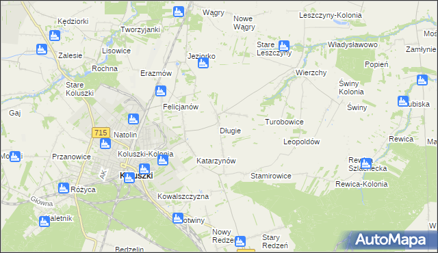 mapa Długie gmina Koluszki, Długie gmina Koluszki na mapie Targeo