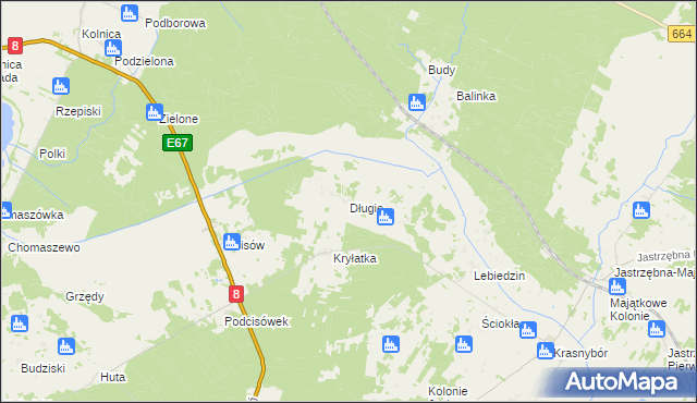 mapa Długie gmina Sztabin, Długie gmina Sztabin na mapie Targeo