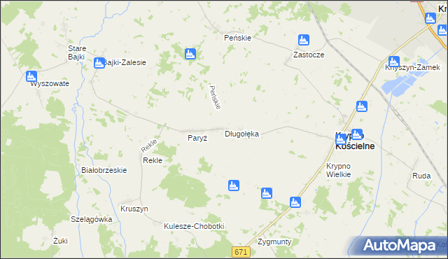 mapa Długołęka gmina Krypno, Długołęka gmina Krypno na mapie Targeo