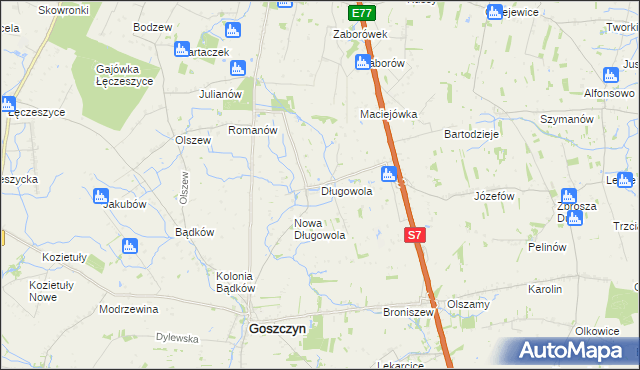 mapa Długowola gmina Goszczyn, Długowola gmina Goszczyn na mapie Targeo