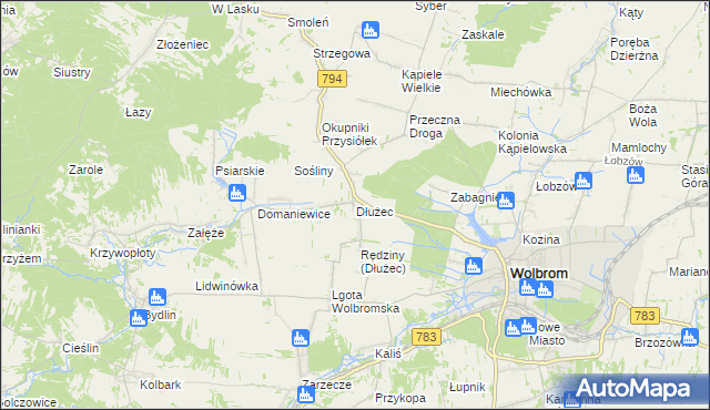 mapa Dłużec gmina Wolbrom, Dłużec gmina Wolbrom na mapie Targeo